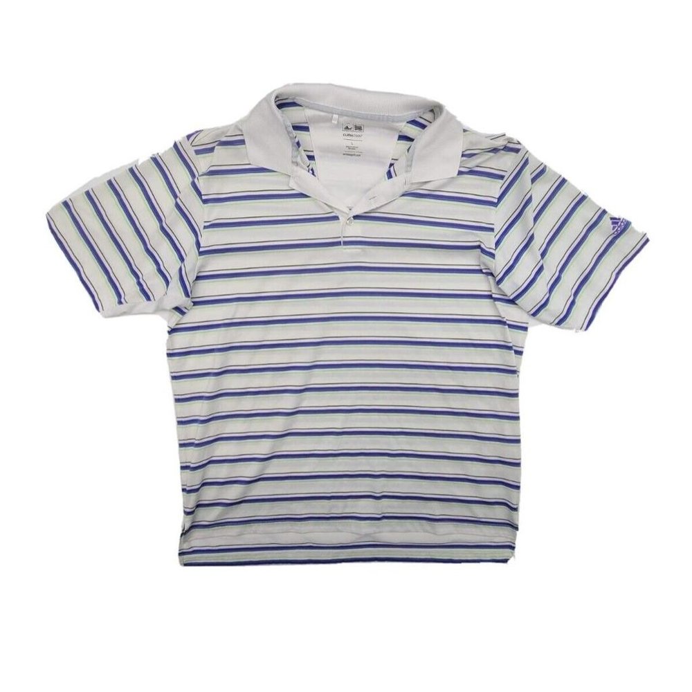 adidas Short Sleeve Polo Shirt in White with purple and neon green Stripes